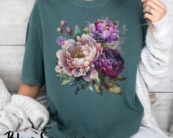 Purple Peony Cottagecore Comfort Colors T-Shirt, Peony Lover Unisex Tshirt, Gardening Mom Shirt, Mothers Day Gift, Botanical Floral Tee