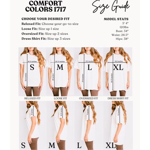 May include: A size chart for t-shirts with four different fits: Relaxed, Loose, Oversized, and Dress Shirt. The chart shows the measurements in inches for each size: S, M, L, and XL. The chart also includes the model's stats: 5'4" tall, 120 lbs, bust 34", waist 26.5", hips 38".