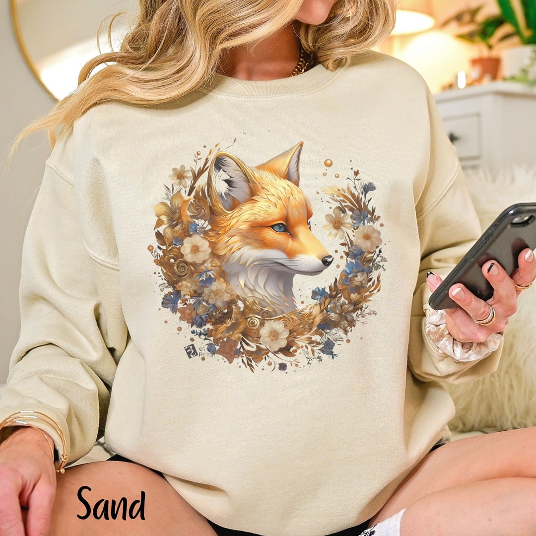 Fuchsia Fox Cute Cozy Botanical Fox Sweatshirt, Cottagecore Fox Crewneck Sweatshirt ...