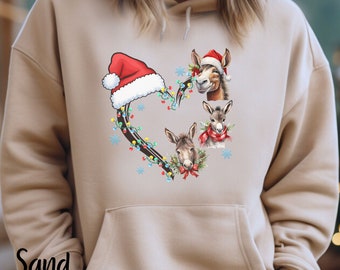 Christmas Donkey Hoodie Sweatshirt, Xmas Horse Wreath Unisex Hooded Sweatshirt, Donkey Lover Xmas Sweater, Donkey Lover Shirt  Gift