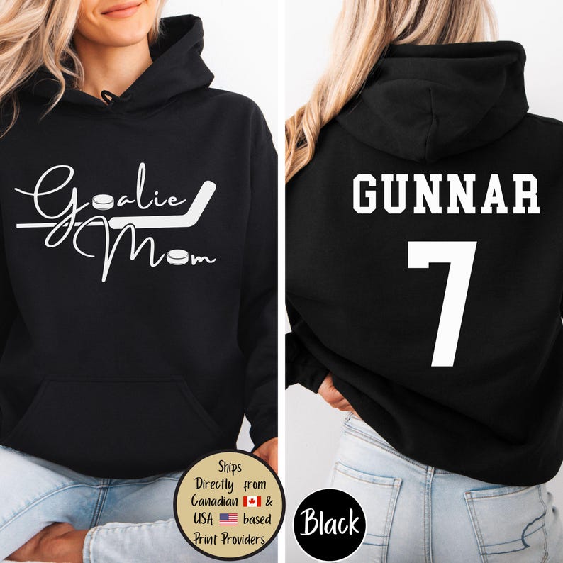 Goalie Hockey Mom Custom Hoodie, Goalie Mama Personalized Sweatshirt, Hockey Mom Sweater, Hockey Lover Shirt, Hockey Mom Gift,Game Day Sweat Black