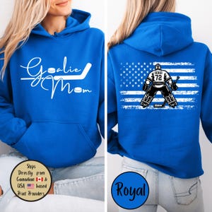 Goalie Hockey Mom Custom Hoodie, Goalie Mama Personalized Sweatshirt, Hockey Mom Sweater, Hockey Lover Shirt, Hockey Mom Gift,Game Day Sweat Royal Blue