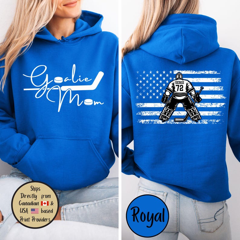 Goalie Hockey Mom Custom Hoodie, Goalie Mama Personalized Sweatshirt, Hockey Mom Sweater, Hockey Lover Shirt, Hockey Mom Gift,Game Day Sweat Royal Blue