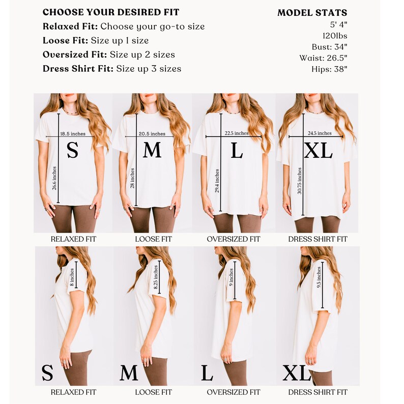 Puede incluir: Una tabla de tallas para una camiseta que muestra los diferentes ajustes disponibles: relajado, holgado, de gran tama&ntilde;o y camisa de vestir. La tabla muestra las medidas en pulgadas para cada talla: S, M, L y XL. La modelo mide 1,63 m y pesa 54 kg. Sus medidas son: busto 86 cm, cintura 67 cm y caderas 97 cm.