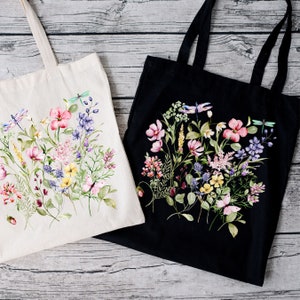 Wildflower Cotton Canvas Tote Bag, Eco-friendly Floral Lover Shopping Bag, Cute Flower Tote, Reusable Book Bag, Grocery Farmers Market Bag