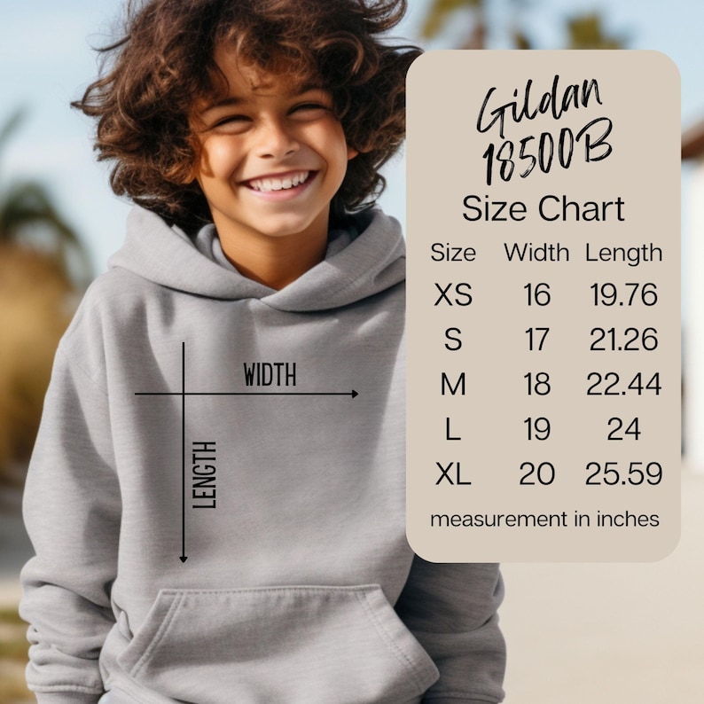 May include: A light gray Gildan 18500B hoodie with a front pocket and hood. The image includes a size chart with measurements in inches: XS (16" width, 19.76" length), S (17" width, 21.26" length), M (18" width, 22.44" length), L (19" width, 24" length), and XL (20" width, 25.59" length).