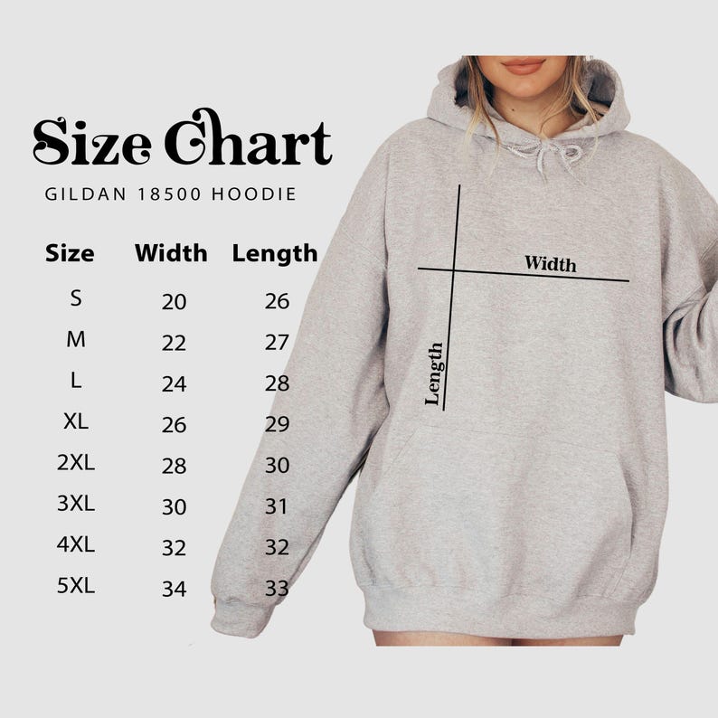 May include: A light gray Gildan 18500 hoodie with a size chart. The chart lists sizes S to 5XL, with corresponding width and length measurements in inches. The hoodie is shown on a person.