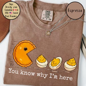 May include: Espresso-colored t-shirt with a graphic of a pie-shaped character chasing deviled eggs. The text "You know why I'm here" is printed below the graphic. The shirt has a Comfort Colors label.