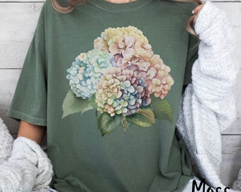 T-shirt couleurs confort Cottagecore floral hortensia, hortensia amateur T-shirt teint en pièce unisexe, cadeau chemise jardinage maman, cadeau fête des mères