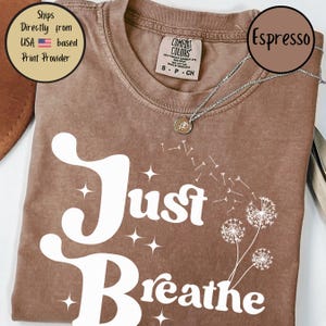 May include: Espresso-coloured t-shirt featuring the words "Just Breathe" in a white, stylised font. The design includes white dandelion illustrations and stars. The shirt has a crew neck and a Comfort Colors tag.