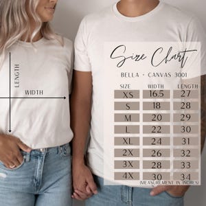 May include: Size chart for Bella + Canvas 3001 t-shirts, showing width and length measurements in inches for sizes XS to 4X.