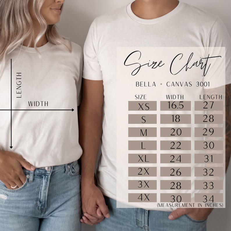 May include: Size chart for Bella + Canvas 3001 t-shirts, showing width and length measurements in inches for sizes XS to 4X.