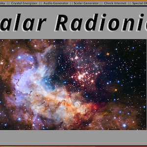 May include: A computer interface with the text "Scalar Radionics" at the top. The background is a nebula. Four circular gauges and a radar screen are on the sides. The bottom right corner has the text "Contact51".