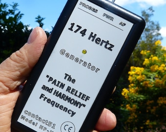 May include: A black rectangular device with the text "174 Hertz Generator" and "PAIN RELIEF and HARMONY Frequency" on a white background. The device has a small antenna and a green light. The model number is HP-NMP.