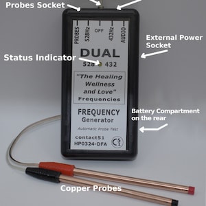 May include: A black frequency generator with a dual frequency setting of 528Hz and 432Hz. The device has a status indicator, on/off switch, probes socket, audio output socket, and external power socket. It also includes copper probes and a CE mark.