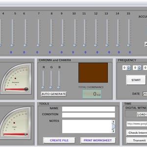 Könnte beinhalten: Graue Software-Oberfläche mit mehreren Schiebereglern, Messgeräten und Textfeldern. Die Oberfläche enthält Abschnitte für Raten, Resonanz, Chroma, Frequenz und Werkzeuge. Das angezeigte Datum ist der 2025-10-13. Es gibt auch Schaltflächen mit der Aufschrift "Start" und "Stop".