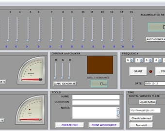 May include: A gray software interface with multiple sliders, gauges, and buttons. The interface includes sections for rates, resonance, chroma, frequency, and tools. The date is displayed as 2025-10-13. The interface has the text "AUTO GENERATE".