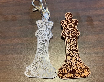 Mandala gegraveerd schaakstuk acryl of houten sleutelhanger magneet portemonnee rugzak charme