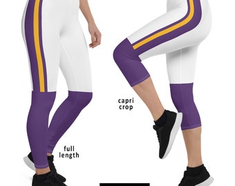 May include: White leggings with a purple and gold stripe down the side. The leggings are available in full length and capri crop.