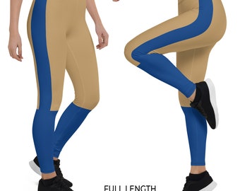 May include: A pair of leggings with a wide gold stripe down the side and a blue stripe at the bottom. The leggings are shown on a model in a full-length pose.