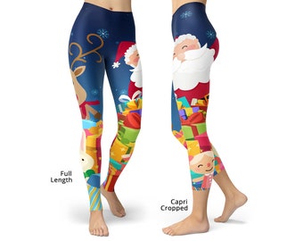 May include: A pair of leggings with a Christmas theme. The leggings feature a blue background with snowflakes, a reindeer, Santa Claus, and presents. The leggings are available in two lengths: full length and capri cropped.