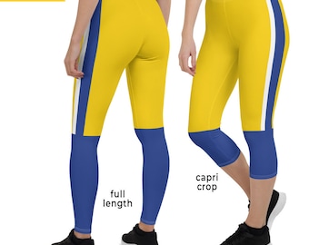 May include: Two pairs of yellow leggings with a white stripe and blue accents. The leggings are shown in both full length and capri crop styles. The word "YELLOW" is written in white text on a yellow background at the top of the image.