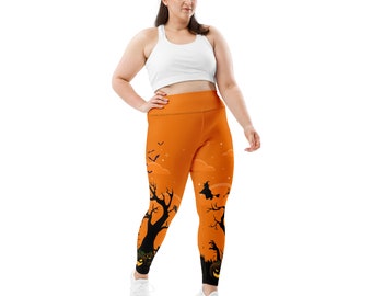 May include: Orange leggings with a Halloween print featuring silhouettes of trees, bats, pumpkins, and a witch flying on a broomstick.