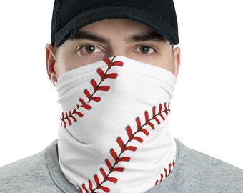 May include: A white face mask with a red baseball stitch design. The mask is worn by a person wearing a black baseball cap.