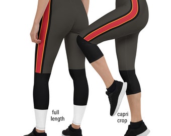 May include: Two pairs of leggings with a black, white, red, and orange stripe design. The leggings are shown in both full length and capri length. The text "BROWN" is visible at the top of the image.