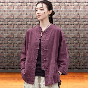 Frog closure jacket, Chinese style long sleeve shirt, Pankou, Mandarin collar, Loose linen top, Asian traditional relaxed fit for women