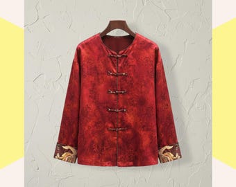 Chinese Lightweight Tang Jacket, Vintage Style Red Traditional Top, Peony Patterned Cuff Embroidered Outerwear