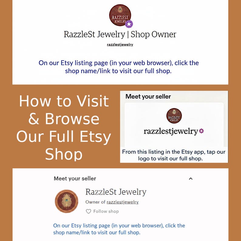 A guide showing how to visit & browse our full Etsy shop, www.etsy.com/shop/razzlestjewelry.