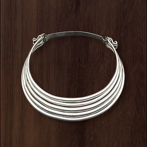 Hmong silver bib necklace, Multi layer tribal torque choker, Ethnic statement boho XAUV jewelry