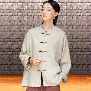 Tang style shirt jacket: Chinese collar, contrast knot buttons, Beige Asian style zen shacket
