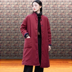 Burgundy quilted linen long jacket: Vintage style Mao collar, knot buttons, One Size