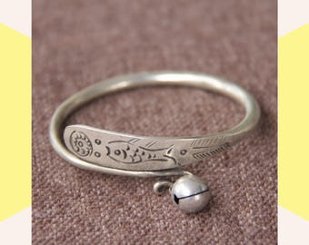 Silver Plated Fish Bangle Bracelet, Adjustable Boho Jewelry, Bell Charm Minimalist Casual Summer Accessory