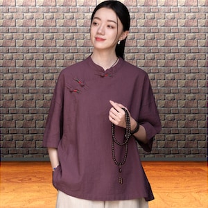 Plum zen inspired Chinese blouse, Red frog button mandarin collar summer cotton top, East Asian traditional oriental style shirt for women