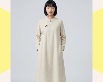 Modern Cotton Qipao Dress, Oatmeal Linen-Look Loose Fit Minimalist Hanfu, Women's Casual Daily Wear