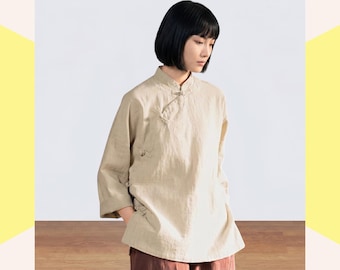 Beige Mandarin Collar Blouse, Chinese Asymmetrical Closure Shirt, Asian Inspired Hanfu Style for Women