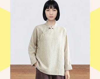 Chinese Style Beige Blouse, Side Button Standing Collar Asian Inspired Women Top for Daily