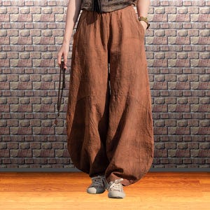 Wide leg flowy linen pants for women, yoga, meditation, Elastic waist, relaxed, balloon, lantern, barrel loose trousers, Earthy brown
