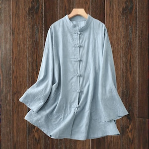 Light blue Chinese style casual tunic, Mandarin collar top, Traditional, relaxed fit frog button shirt, Asian inspired wear for women