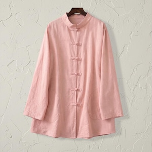 Pink Linen Tai Chi Shirt, Women’s Zen Style Button Down Spring Autumn Lightweight Jacket