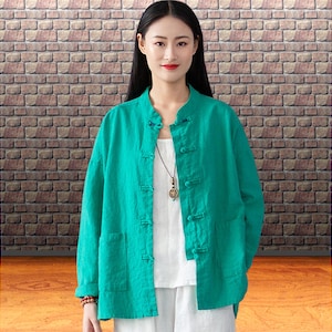Teal linen casual jacket, Modern twist, Relaxed fit, Mao collar, Asian traditional Chinese tang style shirt for women, One Size