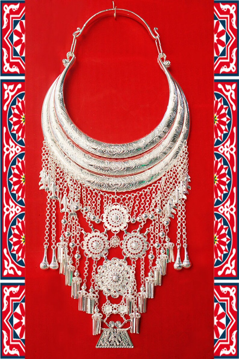 Lock pendant necklace with charms Tribal Miao Hmong silver ethnic jewelry Engraved statement torque collar Boho ring choker bib for women