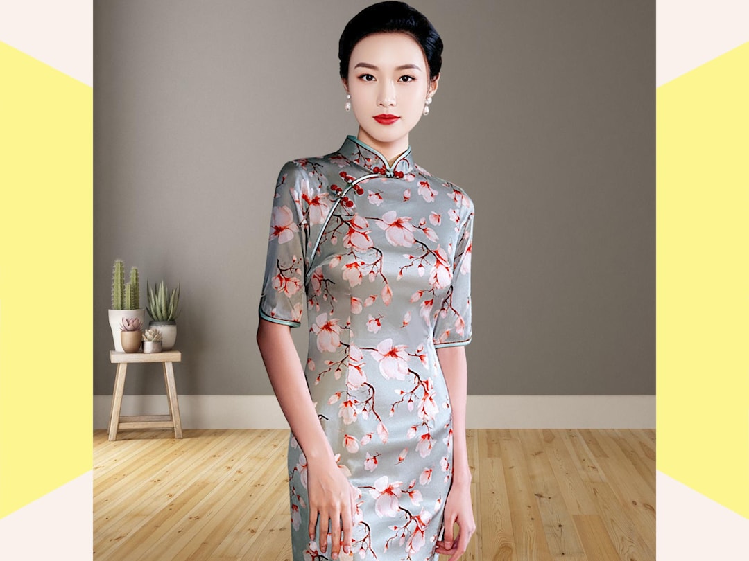 Sage Green Floral Mulberry Silk Qipao Midi Dress for Wedding Guest, Tea Party Outfit