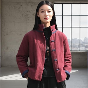 Maroon Quilted Cotton Jacket, Vintage Zen Style Padded Linen Inner Lining Warm Winter Coat