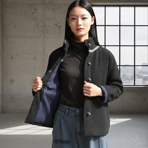 Black Quilted Cotton Jacket with Silver Knot Buttons, Oversized Warm Padded Asian Fusion Outerwear