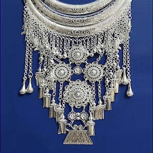 Southeast Asian flare: Large handcrafted necklace, Hmong silver, Lotus flower torques, Ethnic bohemian jewelry for elegance & tradition