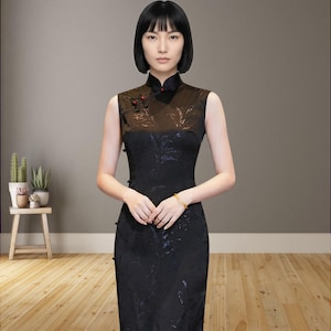 Black Sleeveless Cheongsam Qipao, Floral Brocade Tea Length Dress, Elegant Asian Women Formal Wear